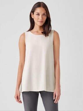 Eileen Fisher 100% Silk Georgette Crepe Ballet Neck Long Tank, Bone Color, Large